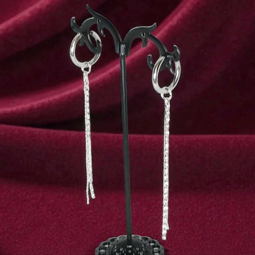 Silver Crystal Huggie Earring Set Rhinestone Chain Fringe Glam Luxe Bling Preppy - Picture 4 of 10